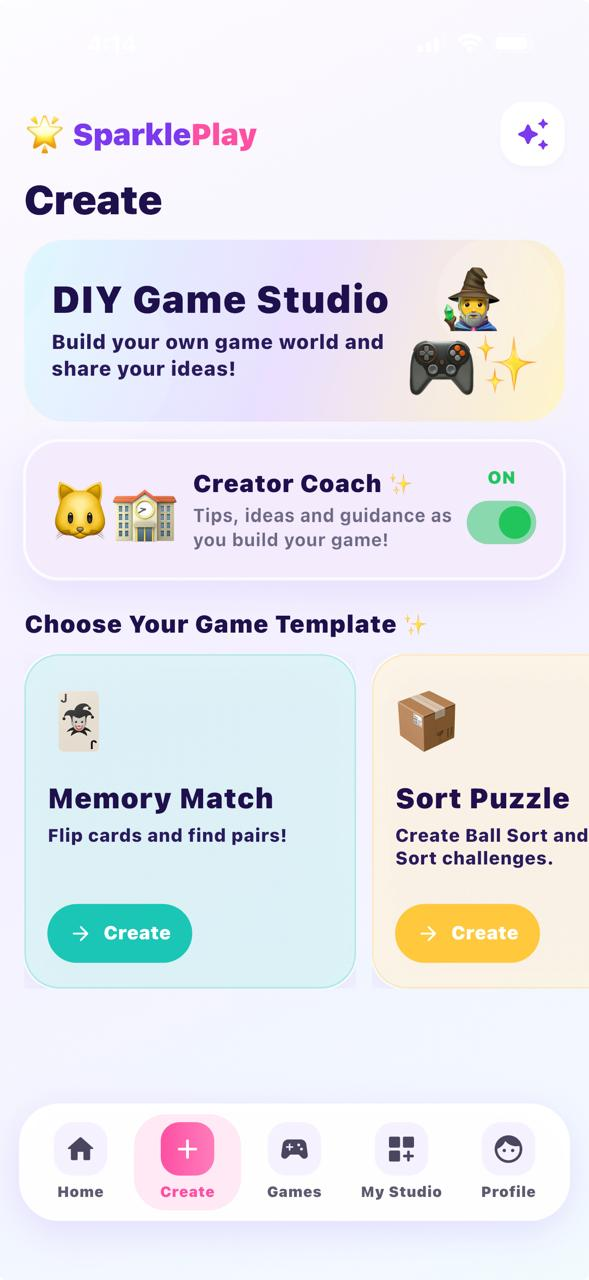 SparklePlay Create screen showing DIY Game Studio and creator coach