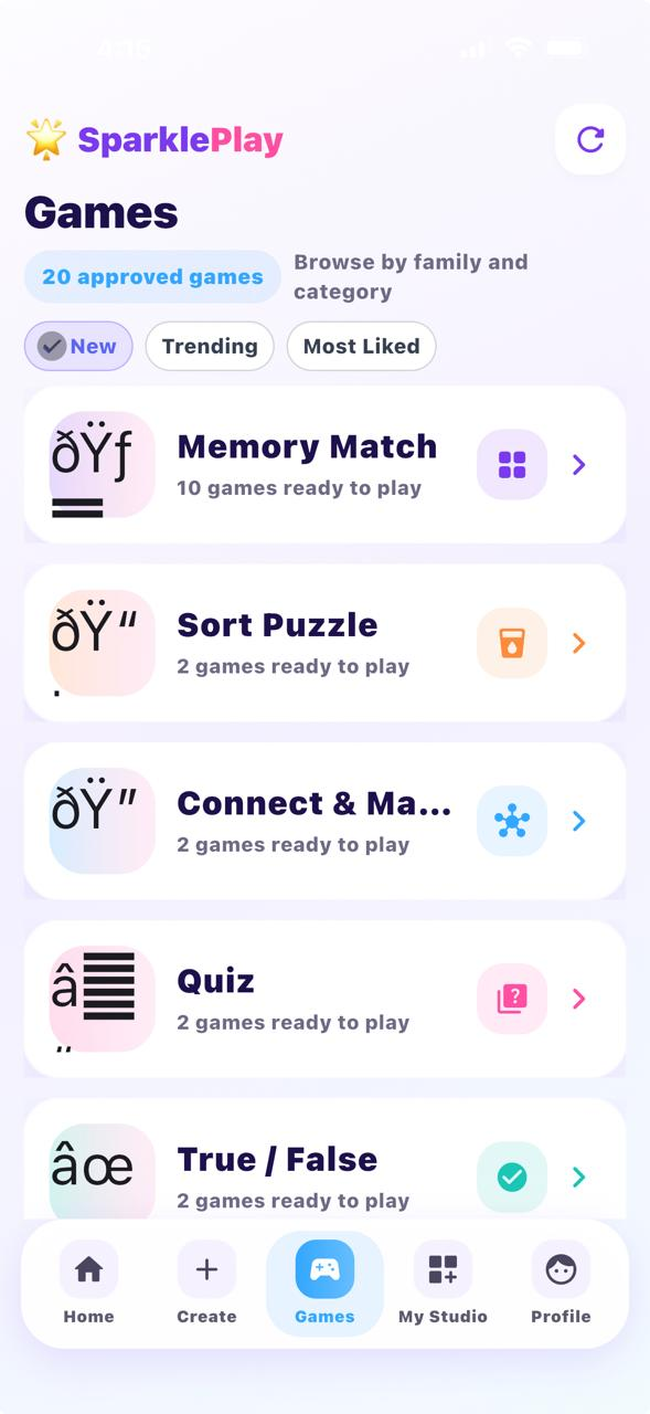 SparklePlay Games screen