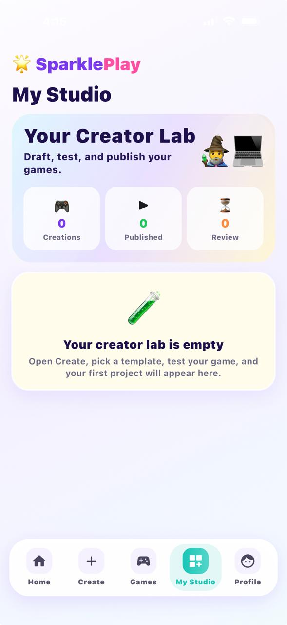 SparklePlay My Studio screen showing Creator Lab and creation status