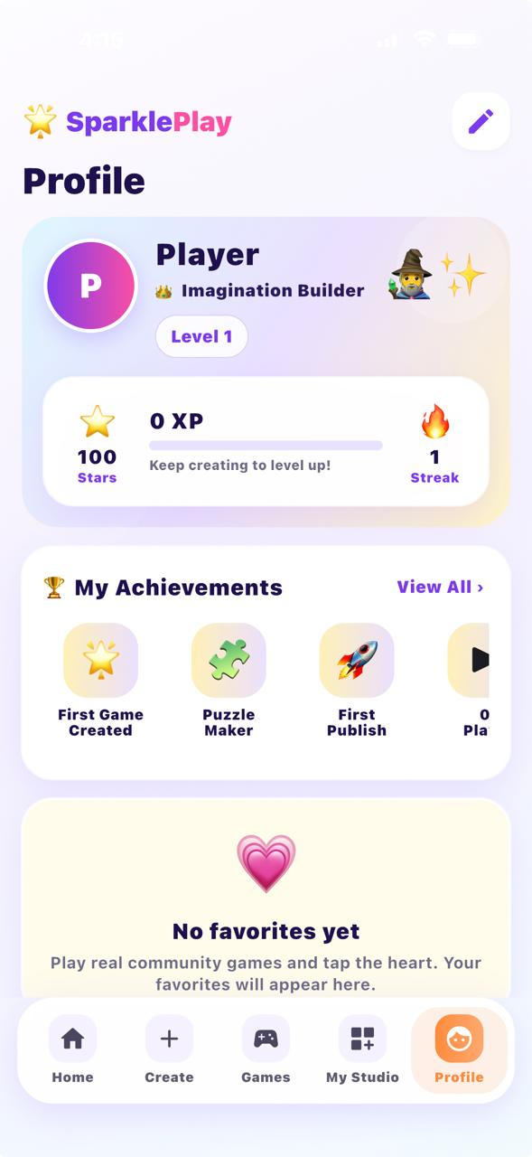 SparklePlay Profile screen