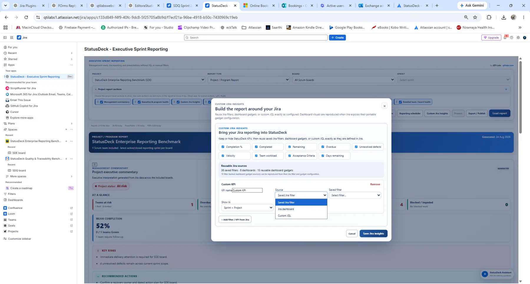 StatusDeck custom Jira insights using saved filters dashboards and JQL