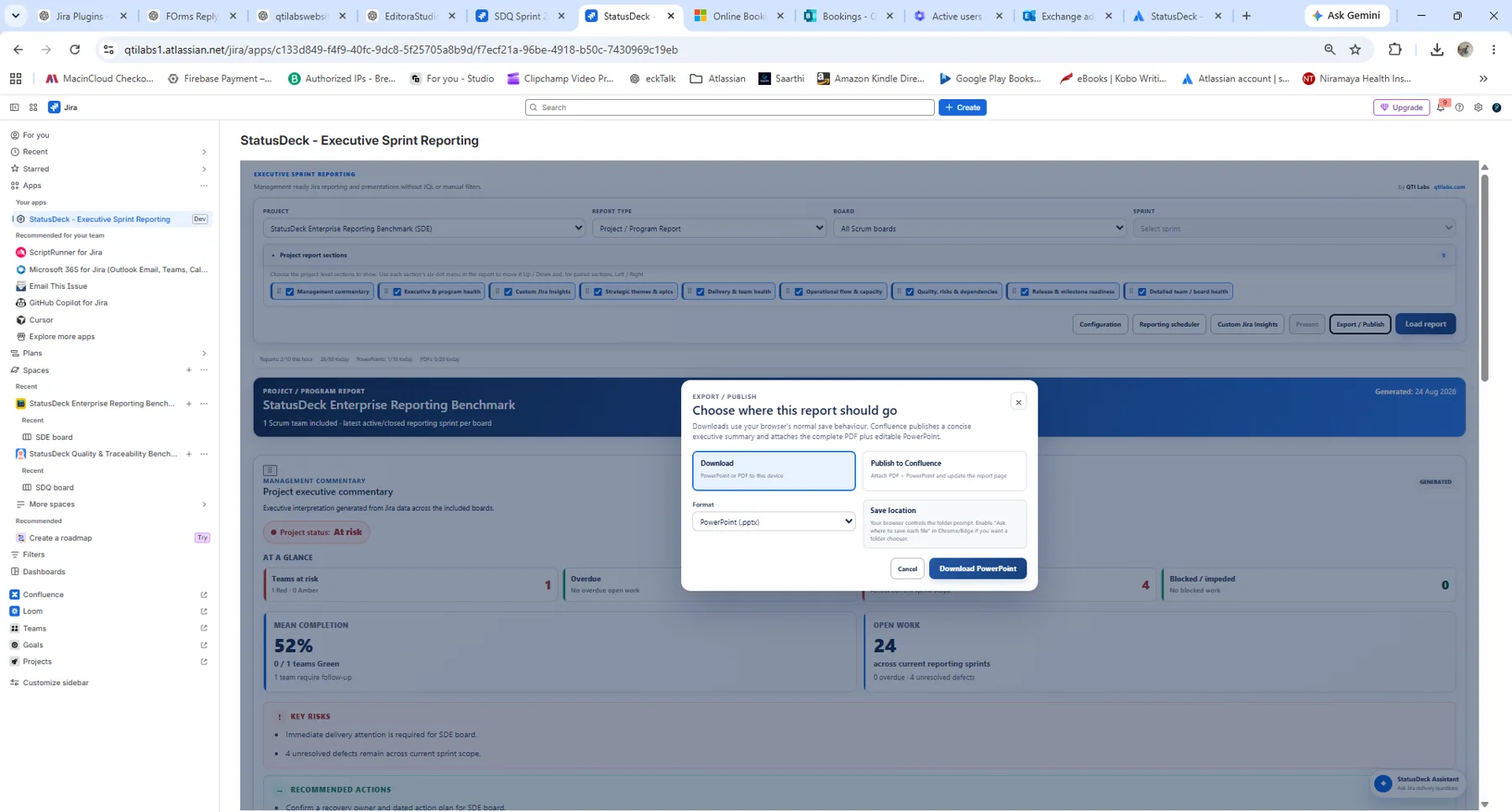 StatusDeck export to PowerPoint PDF or publish to Confluence