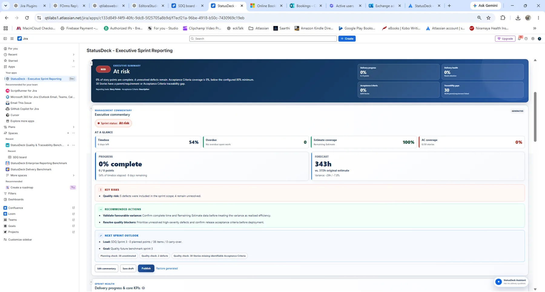 StatusDeck management commentary with progress forecast risks and recommended actions